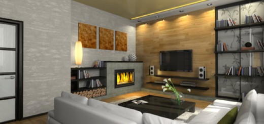 View on the modern apartment with fireplace